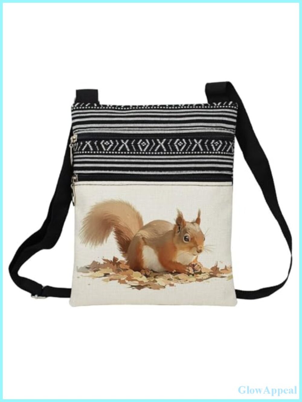 Squirrel Animal Print Crossbody Bag with Adjustable Strap and Zipper